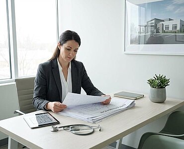 Arzt plant Praxisgründung am Schreibtisch mit Dokumenten und medizinischen Utensilien