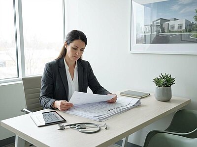 Arzt plant Praxisgründung am Schreibtisch mit Dokumenten und medizinischen Utensilien